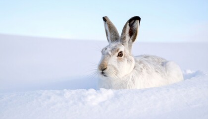 A white arctic hare sitting alert in a snowy field on a bright day, its fur blending with the winter landscape creating a peaceful and serene scene of nature.