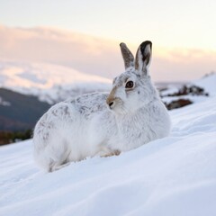 A white mountain hare rests on a snowy hillside against a backdrop of distant peaks du the soft golden light of sunrise in the Scottish Highlands.