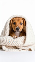 A charming brown puppy with expressive eyes is sweetly led and cocooned inside a warm, soft, cream colored knitted blanket on a plain white background.