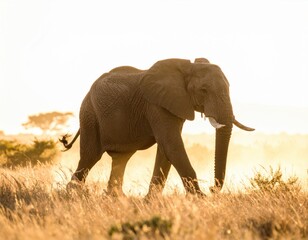 An African elephant majestically walks through the golden savanna grasses illuminated by the sun in a stunning display of wildlife in its natural habitat.