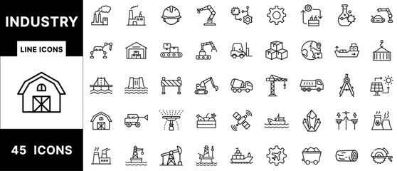 Industrial Line Icon Set Featuring Factories, Engineering Tools, Construction Vehicles, Warehouses, Robotics, Cranes, Mining, Solar Panels, and Logistics