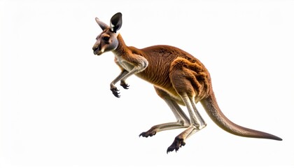 Graceful red kangaroo captured mid-leap, displaying powerful hind legs and iconic silhouette against a clean white backdrop, showcasing its unique form.