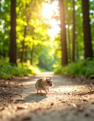 A small brown mouse cautiously explores a dirt path winding through a sun-drenched green forest, the sunlight filte through the trees creating a magical scene.