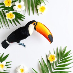 A vibrant toucan figurine surrounded by fresh tropical plumeria blossoms and lush green palm fronds against a clean white background creates a summer island vibe.