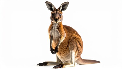 A captivating portrait of a Red Kangaroo sitting upright and alert against a stark white backdrop showcasing its rich brown fur and curious expression in detail.