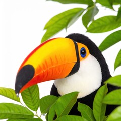 A vibrant toucan with a large yellow beak peers curiously from lush green foliage against a clean white background showcasing its bright plumage and feathers.