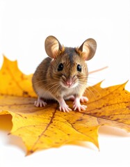 A cute brown house mouse with big ears sits attentively on a bright yellow autumn leaf with dark brown spots, all isolated against a clean white background.