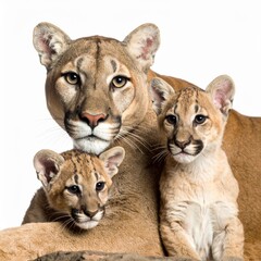 A loving mountain lion mother gently cradles her two adorable cubs, their eyes wide with curiosity against a pristine, pure white background for a portrait.