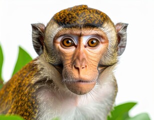 A cute monkey with brown fur and a light pink face stares intently into the camera amidst lush green leaves against a clean white background in a close up shot.