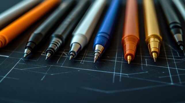 Close-up of Colorful Pens on Blueprint - Powered by Adobe