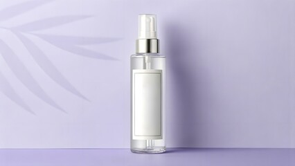 Clean facial toner spray mockup displayed on a light purple backdrop, highlighting straightforward design and soft hues for gentle skincare product showcases.