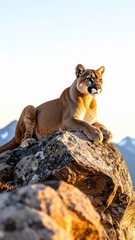 A majestic mountain lion rests confidently on a rocky peak at sunrise, with snow-capped mountains in the distance du golden hour, creating a scenic portrait.