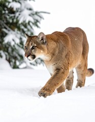 A majestic mountain lion with thick winter fur confidently strides through the deep snow near a pine tree in a serene, snow covered wilderness landscape.
