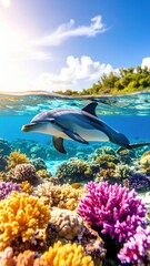 A graceful dolphin glides through the crystal clear turquoise water above vibrant coral reefs, under a partly cloudy sky, on a sunny tropical paradise day.