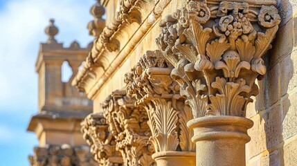 Close-up view of intricately detailed classical stone Corinthian columns with ornate floral and acanthus leaf carvings on historic building facade under clear sky