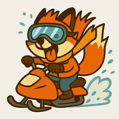 A fox riding a snowmobile with wild goggles.