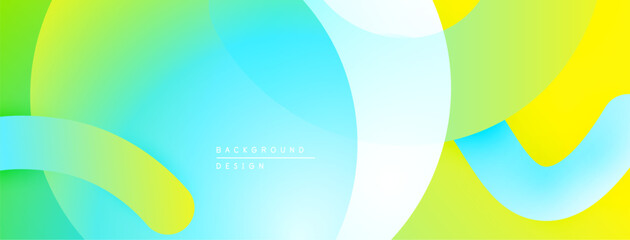 Abstract fluid shapes, vibrant colors blend. Green, blue, yellow gradients create modern design. Smooth transitions, dynamic composition.