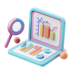 Naklejka premium Tiny 3D open laptop displaying colorful financial charts is examined by a large magnifying glass isolated on a transparent background.