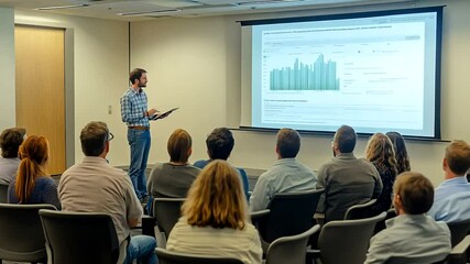 Seminar presentation, an engaged audience watches a speaker