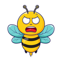 Flat cartoon illustration vector of angry bee face icon, mascot, logo with cute design isolated on white background