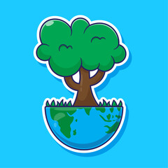 Cute cartoon vector sticker, icon, mascot, symbol of tree and earth suitable used for event about preserving the environment