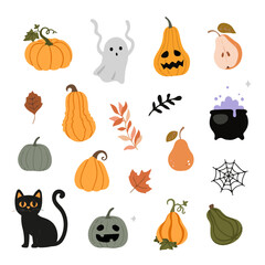 Halloween icon set. Set of autumn, festive elements. Pumpkins, cats, ghosts, leaves, potion.