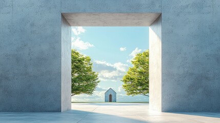 Scenic view through a square opening in a blue wall showcasing lush green trees, a small house, and a bright sky with clouds, in a minimalist modern setting