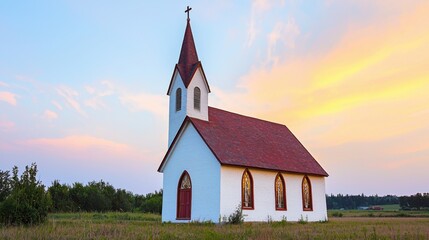 Small white church with red roof and steeple surrounded by open field du colorful sunset with soft sky and distant trees in rural landscape scene
