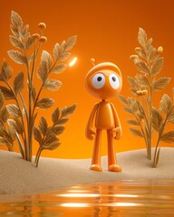 Whimsical character in vibrant orange landscape.