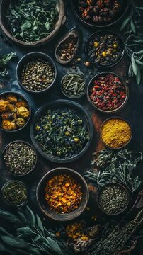 Overhead View of Assorted Herbs and Spices in Rustic Bowls