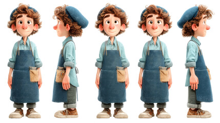 Young Animated Boy with Curly Hair Wearing Blue Apron and Hat in Four Poses