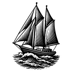 A black and white vector illustration of a vintage Schooner sailing ship with multiple masts and sails, navigating through stylized waves. 