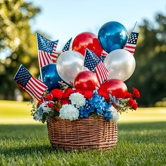  A basket of freedom’s colors on summer grass.