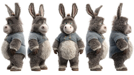 Cute cartoon donkey character with fluffy fur and casual outfit on transparent background