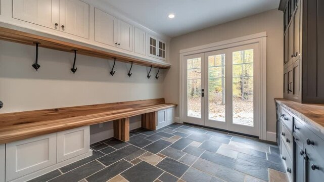 Entryway with built-in bench and cabinets.  A light-filled entryway features a rustic-style wooden bench with matching white cabinets, slate-tile flooring, and a row of coat hooks above. 