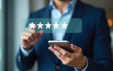 Customer satisfaction survey concept, Businessman using smartphone touch happy smiley icon, 5 star service experience rating, Feedback, Online review, Online application, Quality satisfaction review.