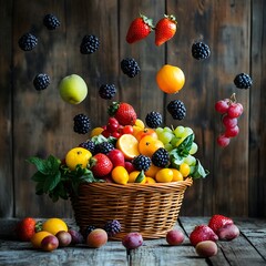  A vibrant cascade of fruit frozen midair.