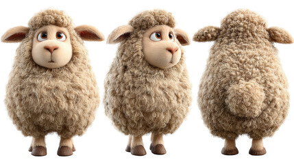 Cute cartoon sheep character in three different views showcasing fluffy wool texture