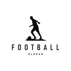 Obraz premium football logo design of a running sport with a black silhouette concept of a football player with a simple illustration of a symbol. Template for a poster, brand, business, team or other.