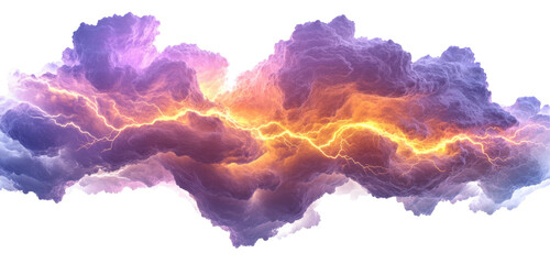 A vibrant, amorphous cloud formation, swirling with intense, golden-orange lightning that cuts through its purple and white depths