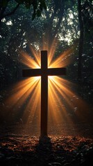 Bright cross silhouette illuminated by sun rays shining through dense forest trees du sunrise or sunset in nature, peaceful spiritual scene, religious symbolism