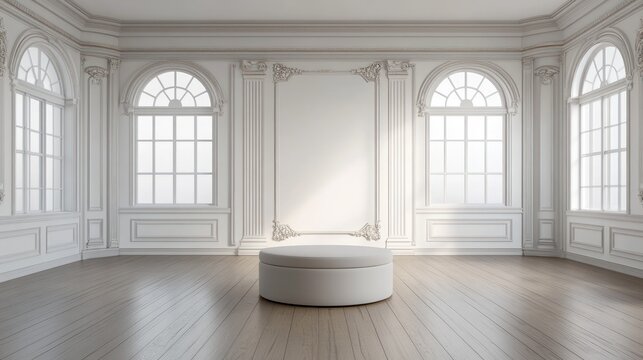 Ornate, white interior room with large arched windows.
