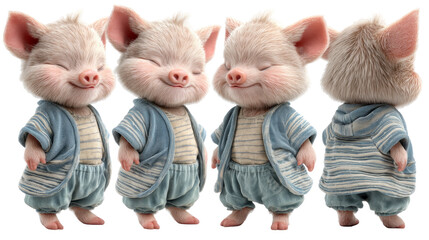 Cute Cartoon Baby Pig Character in Various Poses Wearing Blue Outfit and Smiling