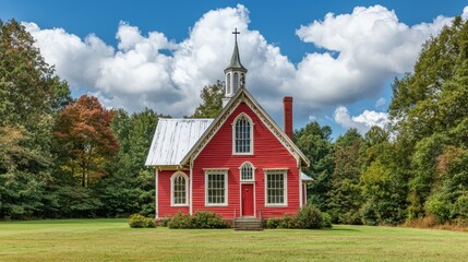 Traditional red wooden church building with steeple surrounded by lush green trees under a bright blue sky with fluffy white clouds in a peaceful rural setting