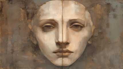 fine art gallery print | artistic solitude | timeless gaze | pale rose and umber | vertical axis centering | symmetrical heads | closed almond eyes | dry pigment application | studio melancholy |