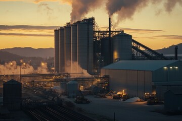 Large grain processing facility with tall silos and active work crews at sundown