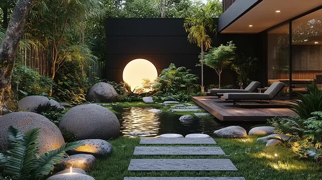 Modern zen garden with water feature and lounge area