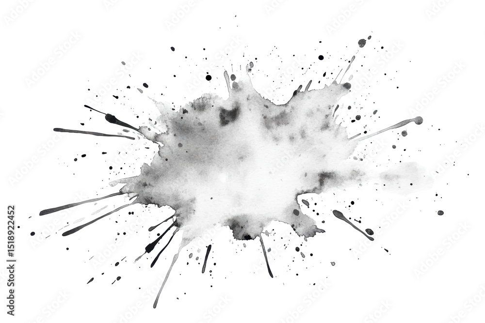Poster A grayscale abstract image depicting a splattered, irregular blob with radiating splatter and subtle color speckles