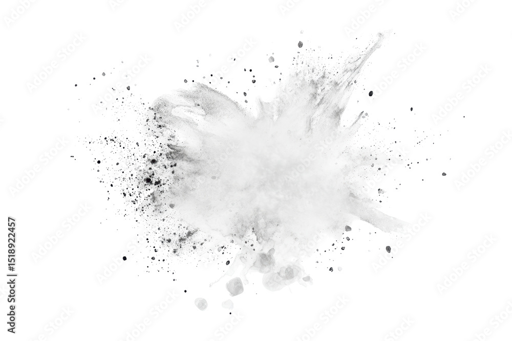Poster a high-resolution image depicts a white powder explosion, captured against a stark black background;