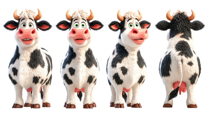 Four Posed Cartoon Cows with Playful Expressions and Distinctive Features